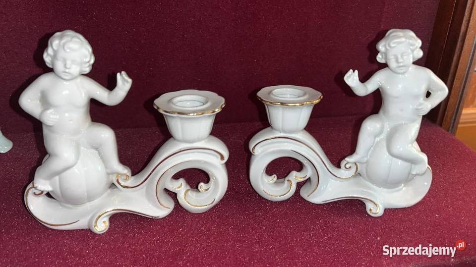 2Białe świeczniki z Putto lustrzane kominkowe pomorskie Gdańsk