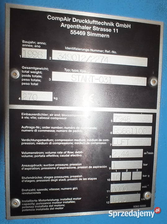 Sprężarka śrubowa CompAir typ START 031 10 bar dolnośląskie