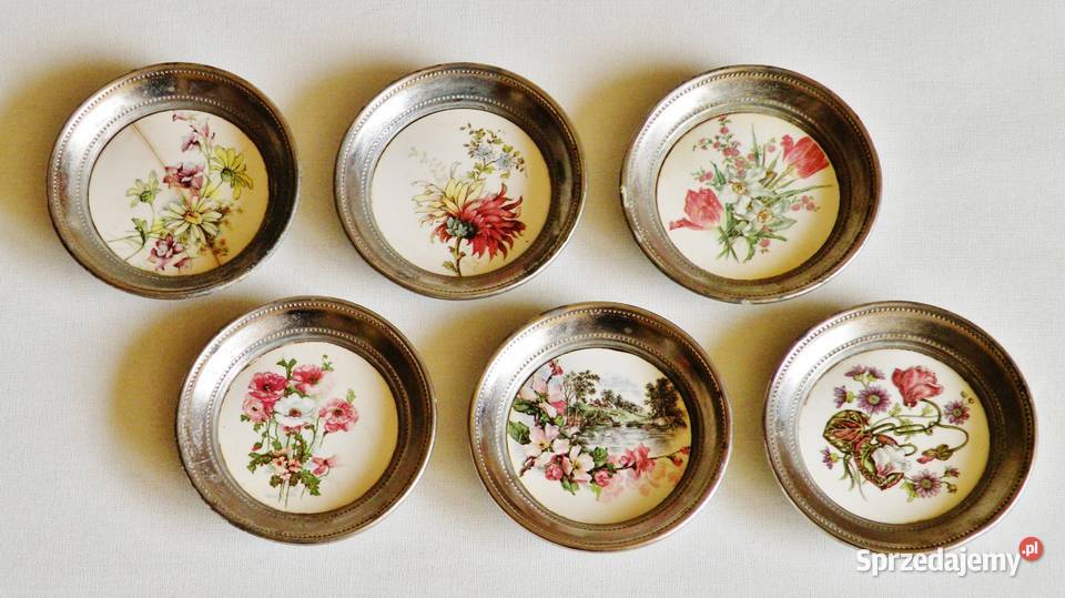 6 spodków porcelanometalowych pod szklanki Pozostałe