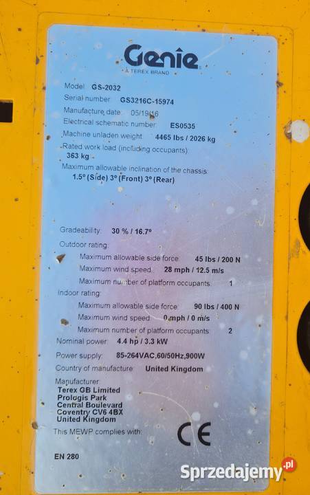 Podnośnik nożycowy elektryczny Genie GS2032 2016 Maszyny budowlane Dąbrowa Tarnowska sprzedam