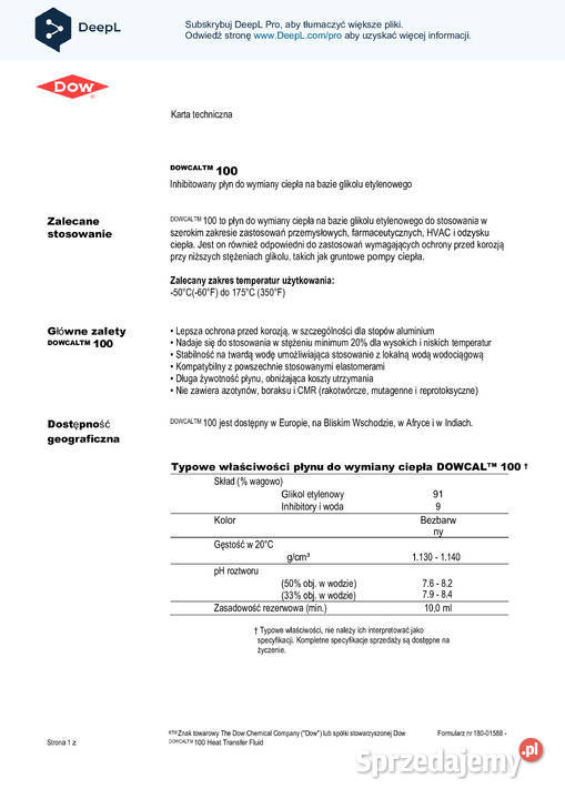Dowcal 100 glikol nośnik termiczny mazowieckie Otwock