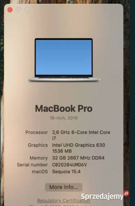 MacBook Pro 16 2019 32GB 512GB i7 229 cykli Liczba rdzeni 6 Kraków sprzedam