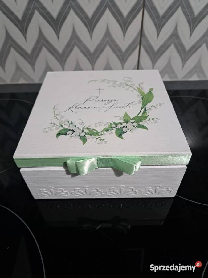 Pudełko komunijne konwalie z życzeniami handmade