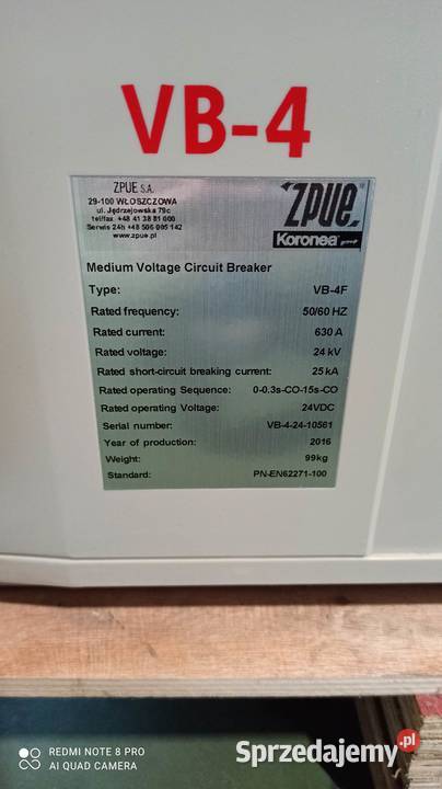 Wyłącznik SN VB4F 24kV630A25kA Warszawa