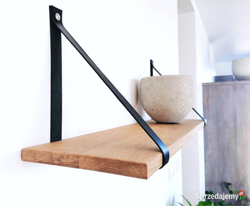 półka dębowa loft na paskach skórzanych
