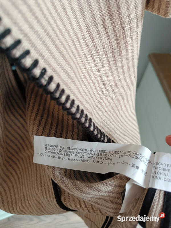 Beżowy lniany płaszcz jesienny w paseczki Zara brązowy/beżowy Kurtki i płaszcze Oborniki sprzedam