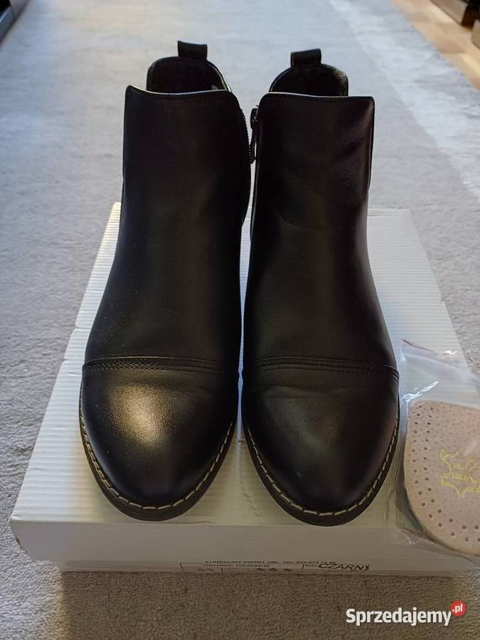 Piękne skórzane botki damskie z podeszwą czarny Kraków sprzedam