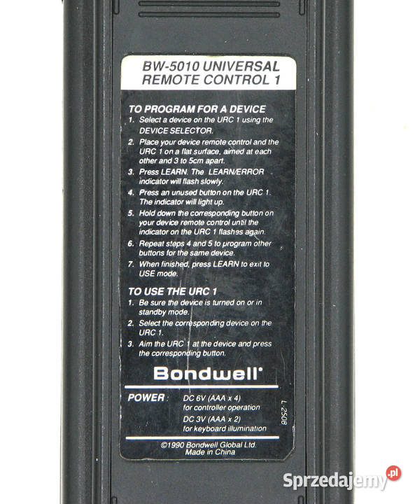 Pilot uniwersalny TV VCR CDV AUX Bondwell BW5010 Elektronika Cielądz
