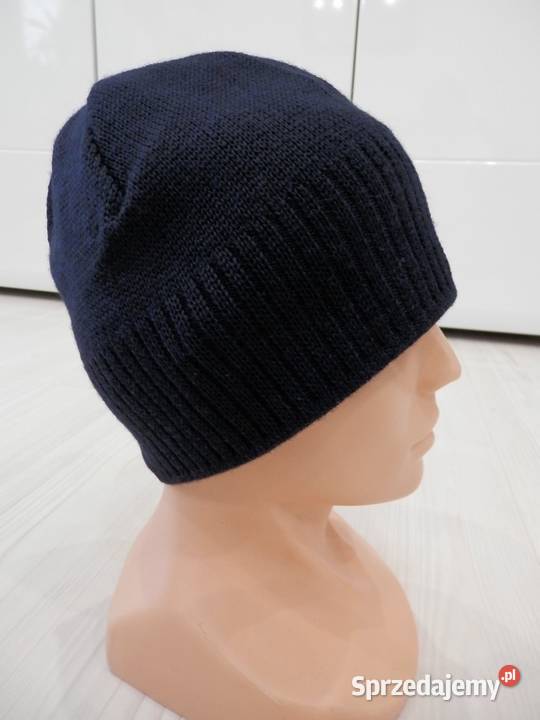 Czapka Męska Wełniana 100 Wełna Merino Granatowa Łomża