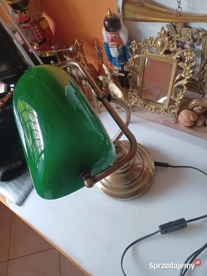 Bankierka lampa stołowa mosiądz szkło wielkopolskie