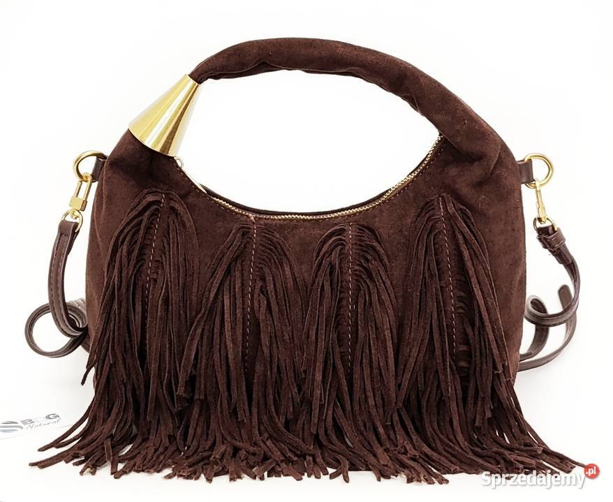 MODNA Torebka EKO ZAMSZ Frędzle BRĄZ Czekoladowy