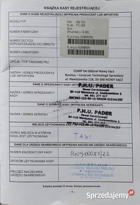 Kasa fiskalna Vega Taxi Novitus produkcji 2022 Pozostałe mazowieckie Jabłonna