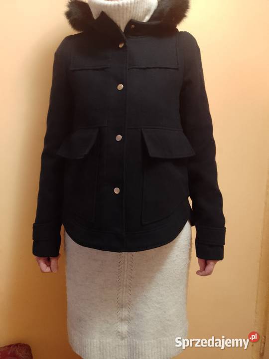 38M ZARAGranatowy płaszcz z Futrzanym kapturem małopolskie Kraków sprzedam