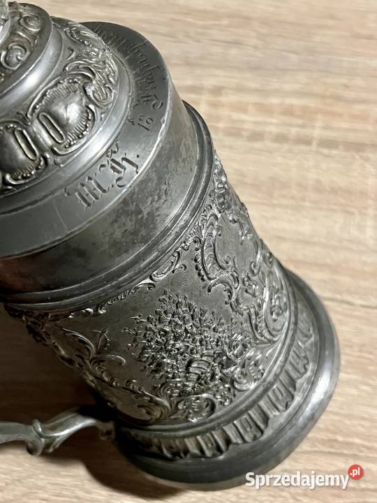 Kufel z roku 1899 niemiecki świąteczny z cyny Wrocław