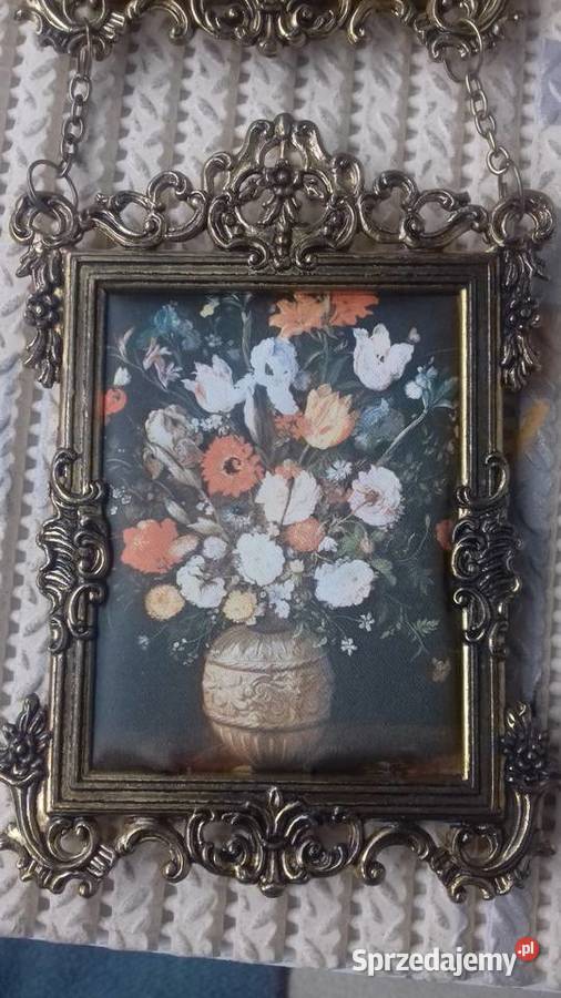 Piękne potrójne obrazki w mosiężnych ramkach Malarstwo Warszawa