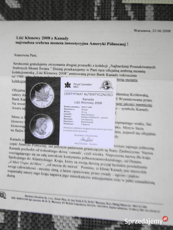 12 Certyfikatów autentyczności srebrnych monet Numizmatyka sprzedam