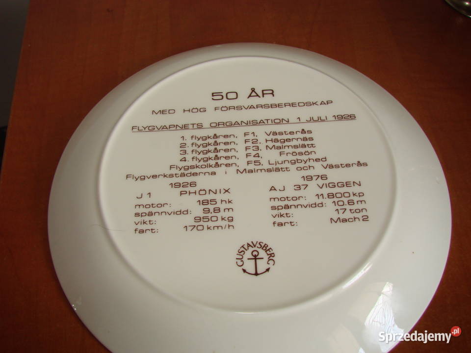 Szwedzkie Siły Powietrzne talerz rocznicowy 1976 Pruszcz Gdański