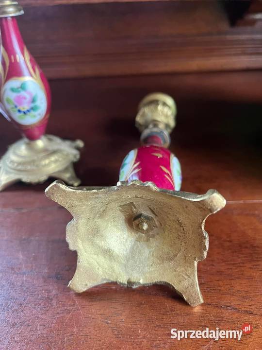 Świecznik porcelana mosiądz róże