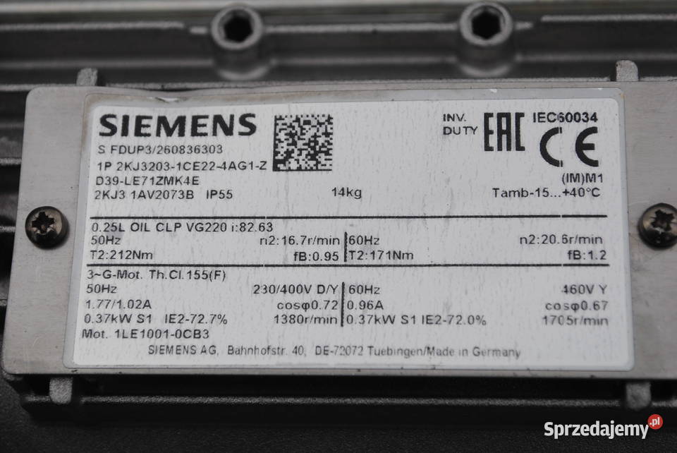 Motoreduktor 037kw 167obrmin Firmy Siemens Kargowa