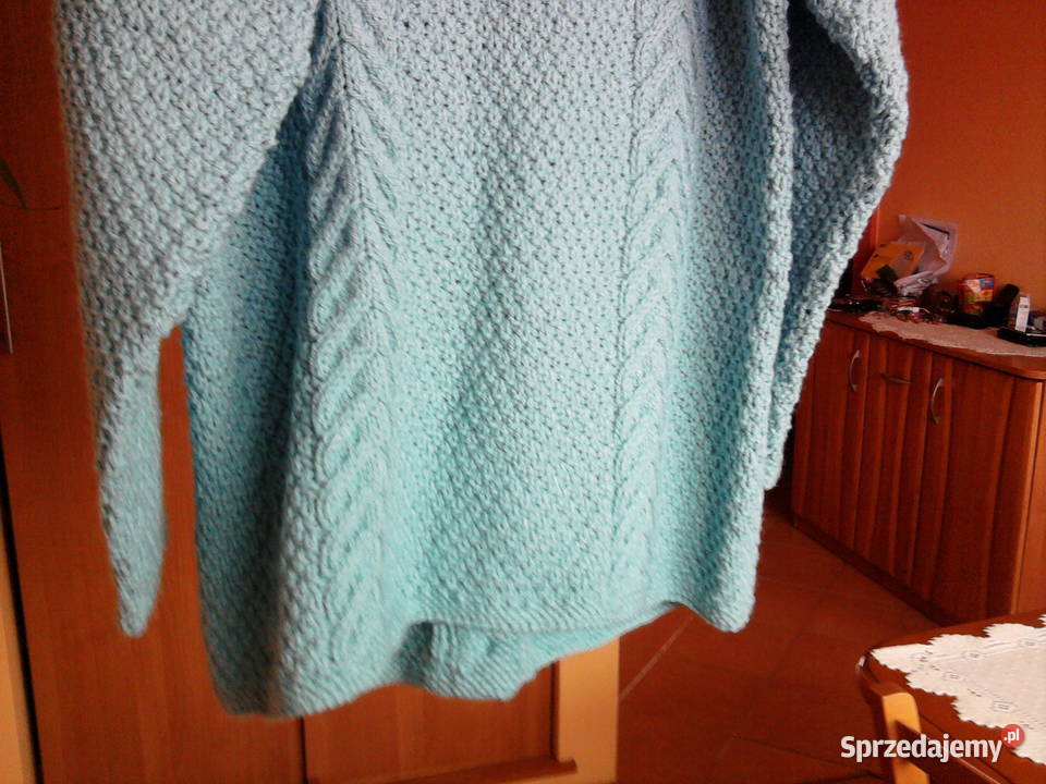 Piękny turkusowy sweter z włóczki rękodzieło LXL Odzież damska Sosnowiec