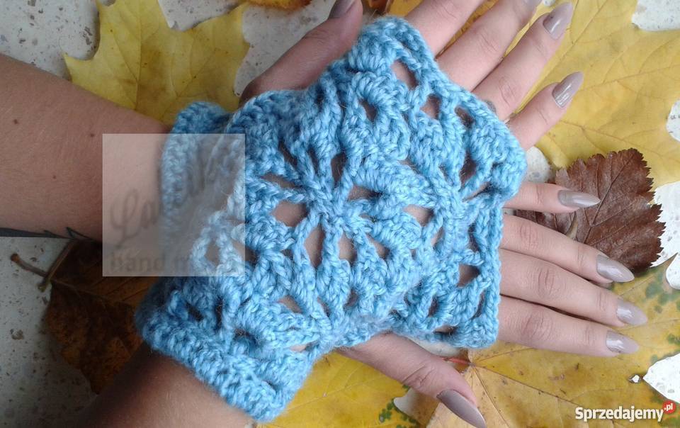 Rękawiczki mitenki niebieskie na szydełku podlaskie