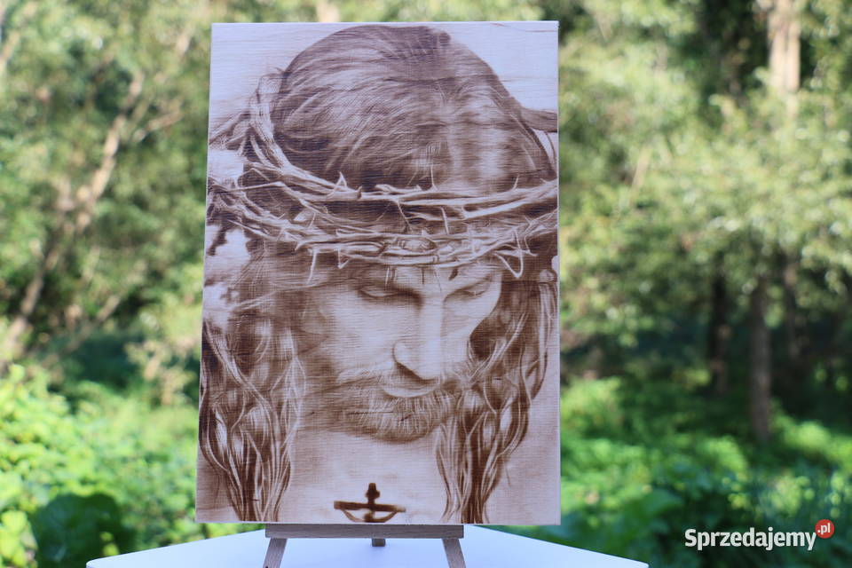 Jezus Obraz wypalony w drewnie Jasienica Rosielna sprzedam
