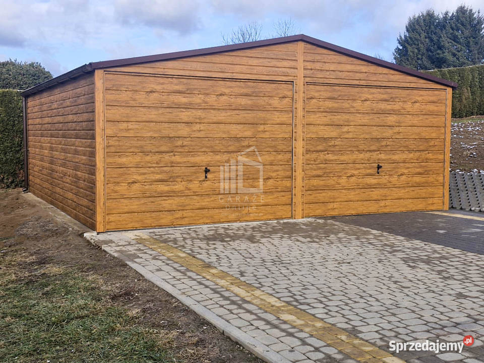 Garaż blaszany 6x65m bramy uchylne drewnopodobny blacha Kalisz