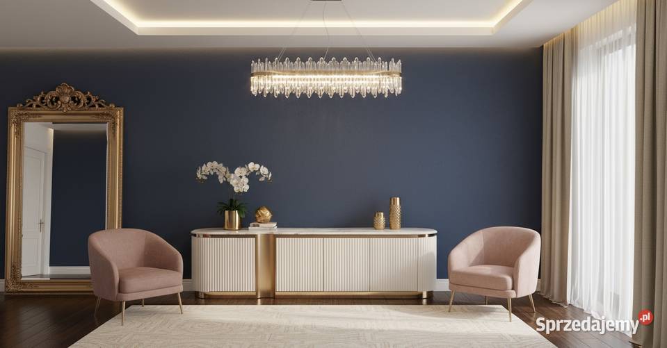 Ryflowana szafka RTV złota biała z blatem Golkowice