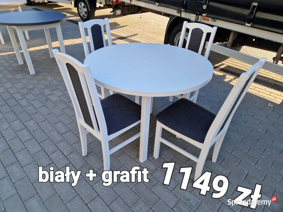 Nowe: Stół okrągły + 4 krzesła,  biały + grafit, dostawa PL