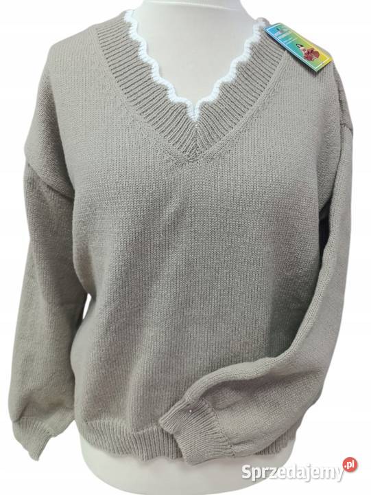 Sweter cappuccino z kokardą na plecach dekolt V kolorowy Wieluń