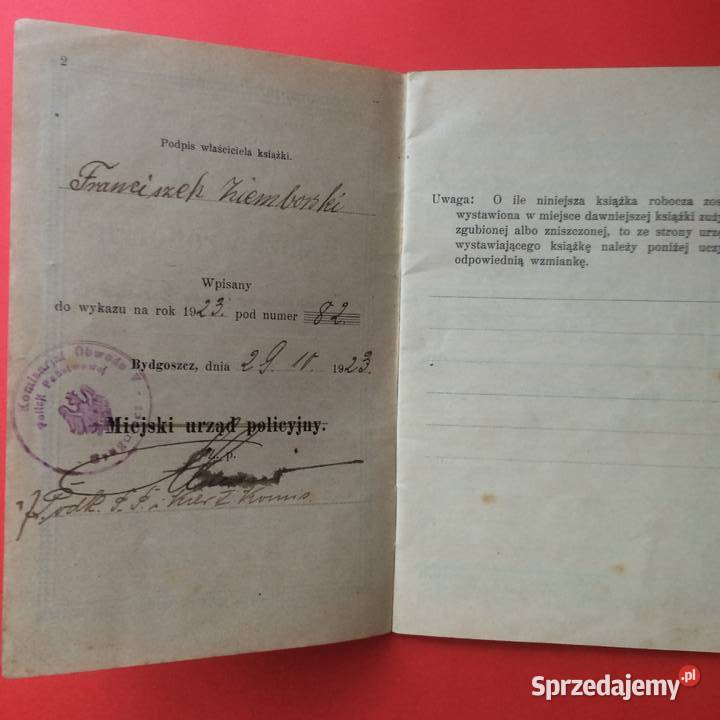 1809 Książka Robocza Ziemborski zachodniopomorskie Szczecin sprzedam