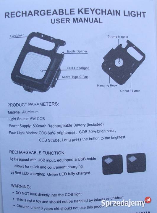 Latarka LED COB A30 Wielofunkcyjna na USB Sieradz sprzedam