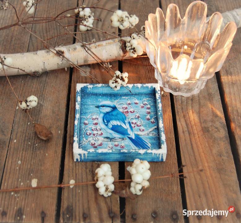Drewniana tacka malowana ptak sikora lazurowa Lublin