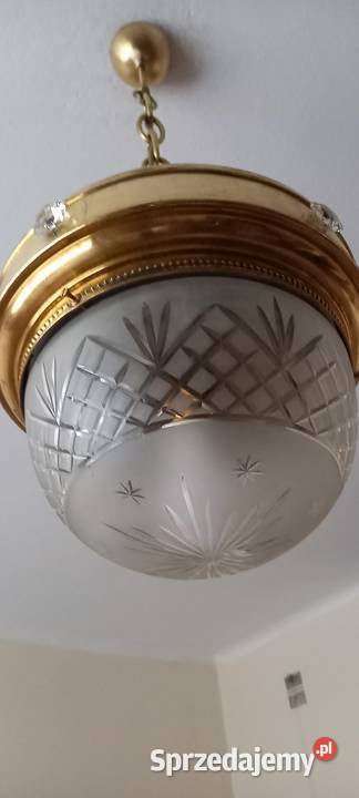 Lampa wisząca z mosiądzu kryształowy klosz łódzkie