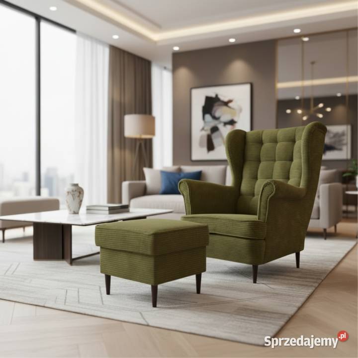 Fotel Uszak Skandynawski Z Podnóżkiem Sztruksowy wielkopolskie Tarchały Małe
