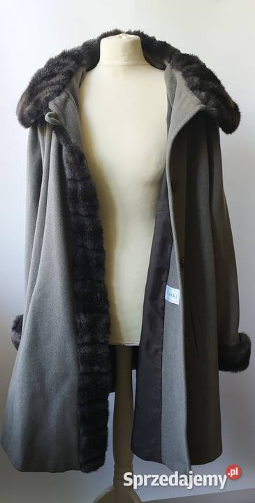 Szary płaszcz z czarnym futrem sztucznym 44 CA mazowieckie Warszawa