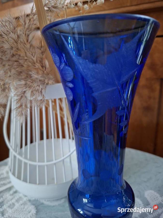 Piękny vintage wazon z kobaltowego szkła mazowieckie Jaktorów-Kolonia