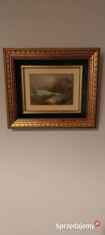 Obraz pejzażowy w bogatej złoconej ramie styl kujawsko-pomorskie Ciechocinek