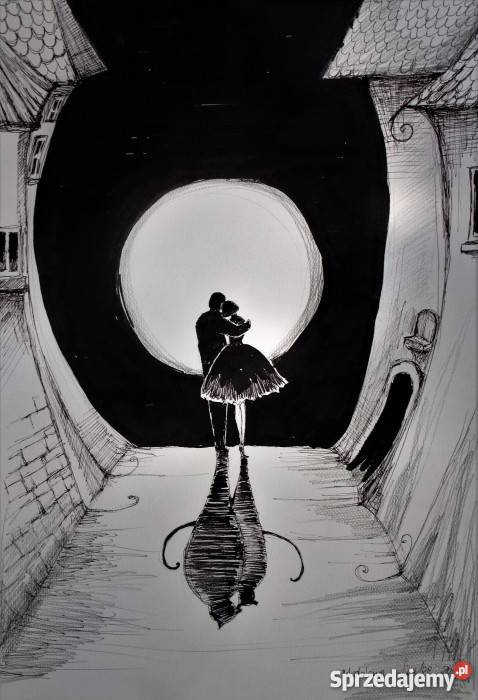 Klimatyczny rysunek piórkiem Zakochani artystki Katowice sprzedam