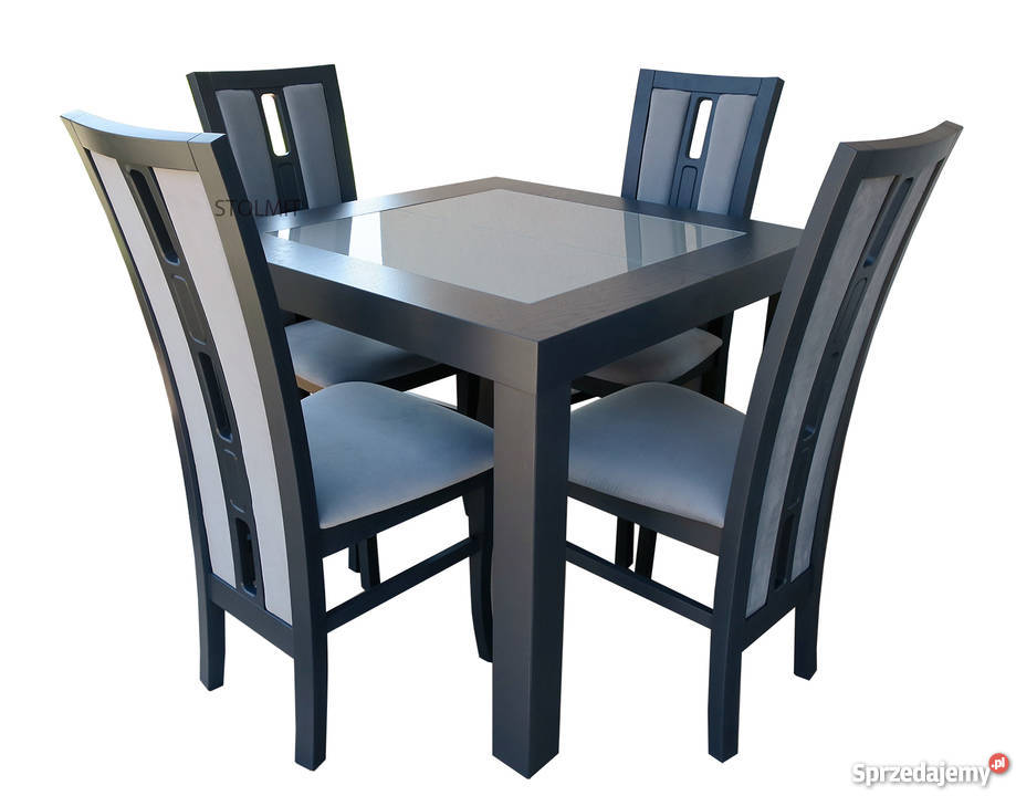 Kwadratow szary grafit stół ze szkłem + 4 szare krzesła