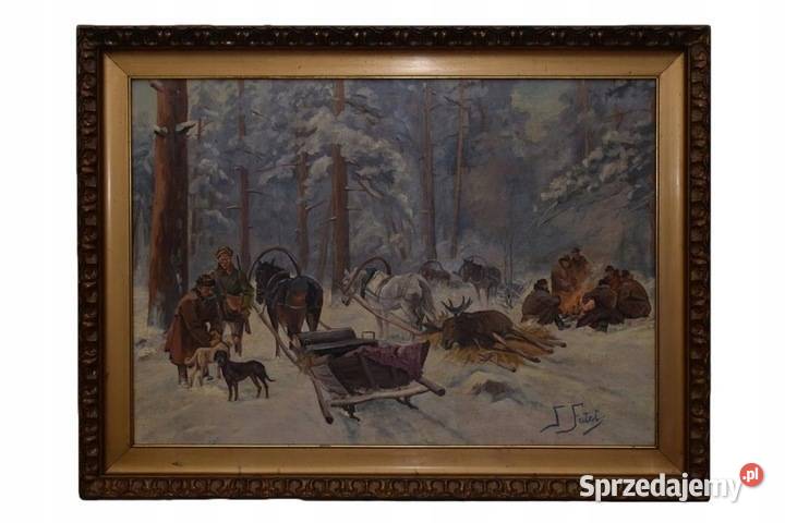 J Fałat Zimowy Pejzaż Wyprawa Na Polowanie Stary Obrazki i obrazy Kraków