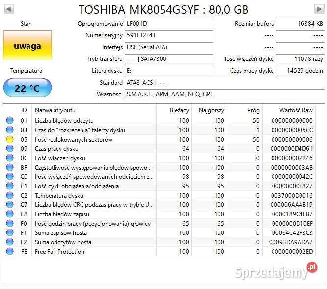 Dysk twardy HDD Toshiba 80GB 25 cala 7200 obrmin Pojemność 80 Pruszków sprzedam