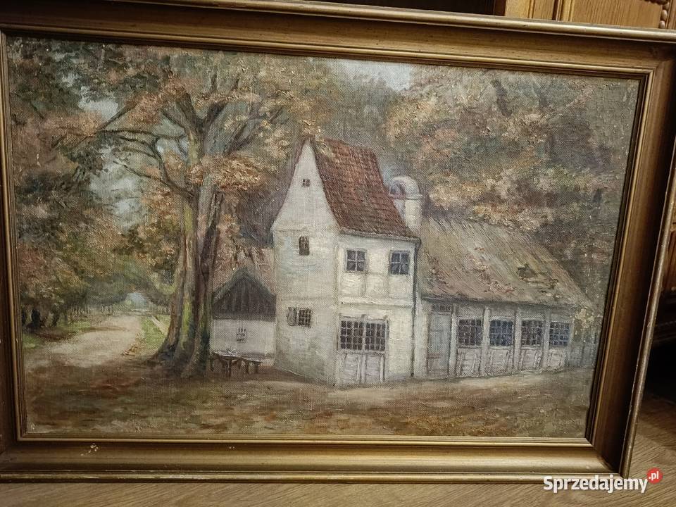 Stary obraz olejny na płótnie Sielankowy pejzaż Lipno