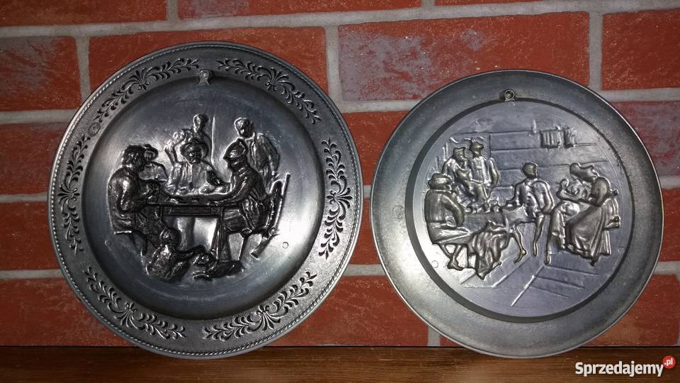 Płaskorzeźbacynowe talerzemotyw myśliwski Lubień