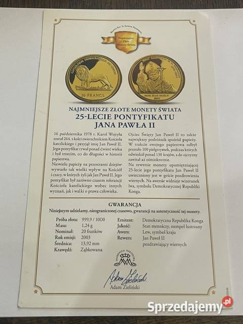 Złota Moneta 20 Franków 2003 Jan Paweł II Kraków sprzedam