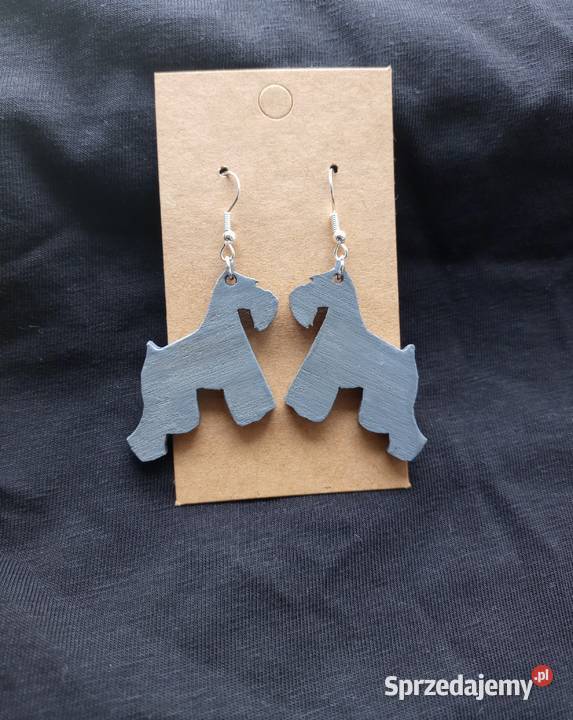Kolczyki drewniane psy Sznaucery handmade Sosnowiec
