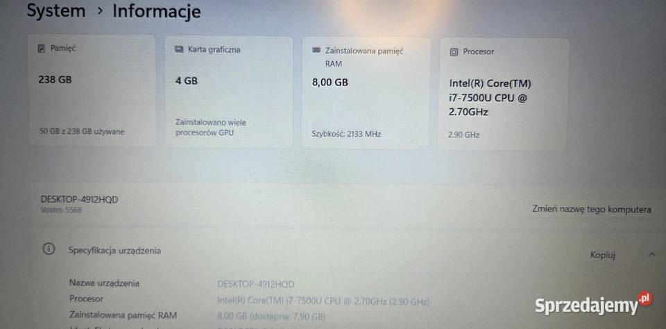 Laptop Dell Vosto 5568 i77500u 8GB RAM SSD 256GB podkarpackie Rzeszów sprzedam