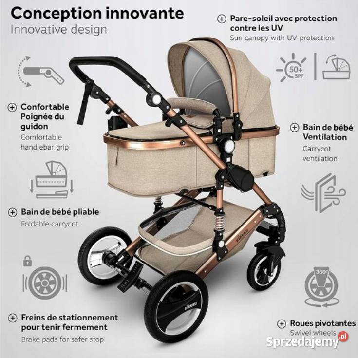 Wózek wielofunkcyjny 3w1 KIDUKU beżowymiedziany Aluminium Wielofunkcyjne