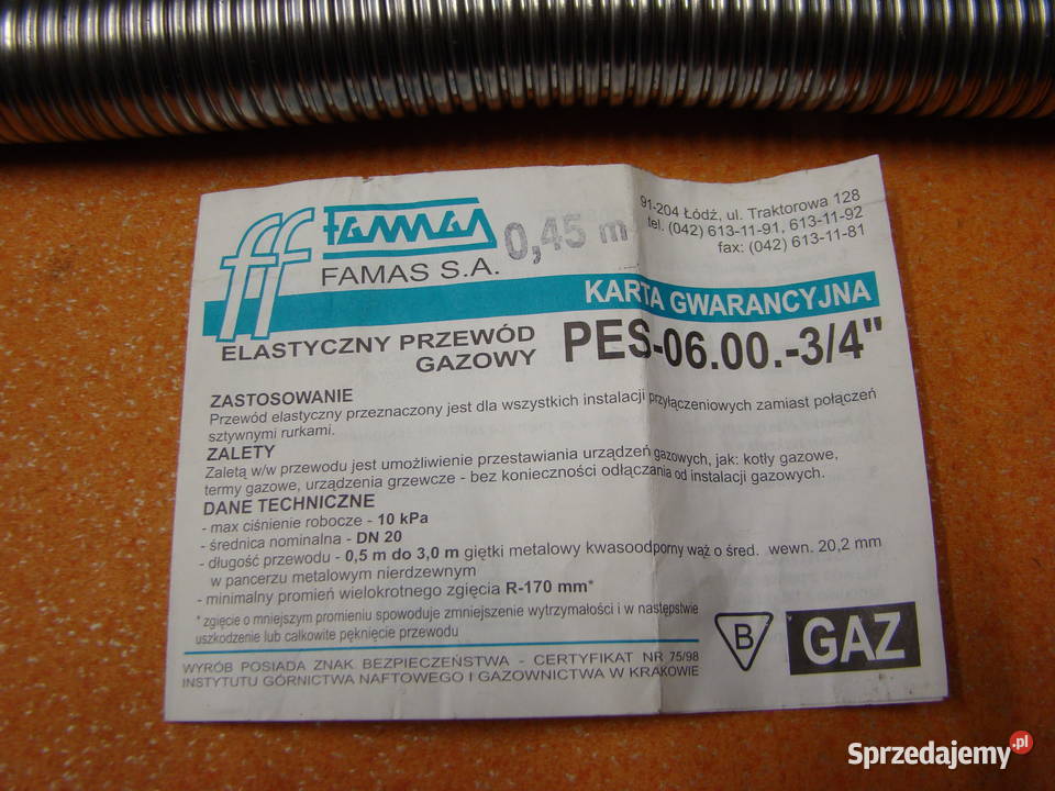 Elastyczny przewód gazowy FAMAS 34 cala L 45