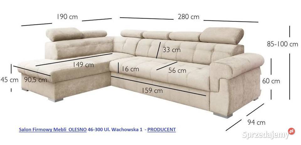 Nowy Narożnik 190x280 ATLANTA Tkanina Zmywalna Olesno